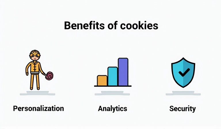 Grafické znázornění výhod cookies, jako je personalizace, analýza a bezpečnost