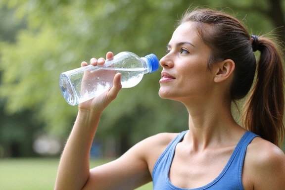 Osoba pije vodu z láhve po cvičení, zdůrazňující důležitost hydratace.