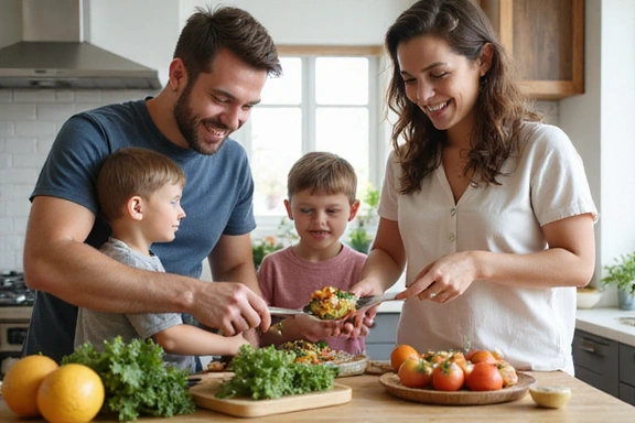 Šťastná rodina společně připravuje zdravé jídlo v kuchyni.