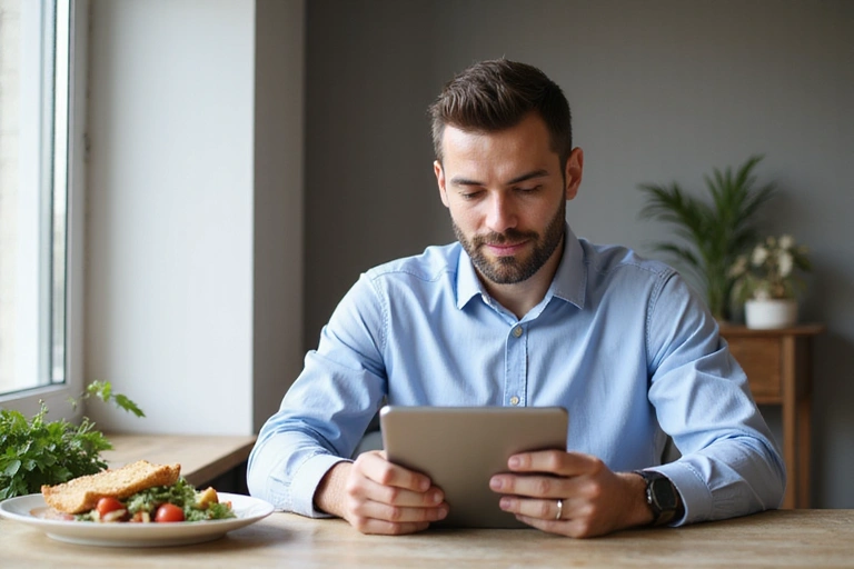 Muž sedící u stolu s tabletem a zdravým jídlem, symbolizující flexibilitu