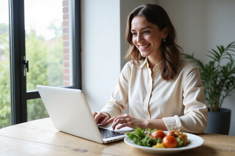 Žena používající notebook pro online konzultaci s úsměvem