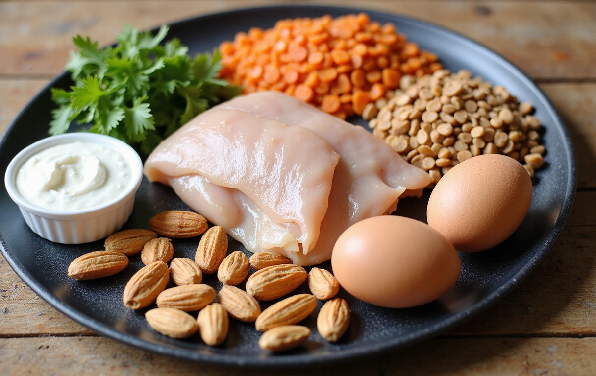 Různé zdroje bílkovin, včetně kuřecích prsou, vajec, řeckého jogurtu, čočky a ořechů, uspořádané na dřevěném stole.